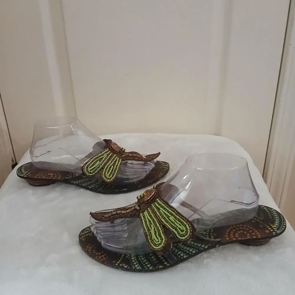 Y2K Vintage Beaded Dragonfly Flip Flop Thong Sandals 9 Boho Fairy Granola Earthy